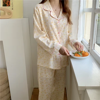 Bumbac pentru femei set de pijama cu maneca lunga tricouri pantaloni pijamas liber casual acasă costum print floral pijamale 2 piese set Y308