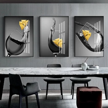 Alb negru Barca de Aur În Pahar de Vin, arta de perete tablou living, bucatarie poster canvas tablou modern, Sala de Mese Decor