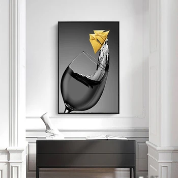Alb negru Barca de Aur În Pahar de Vin, arta de perete tablou living, bucatarie poster canvas tablou modern, Sala de Mese Decor