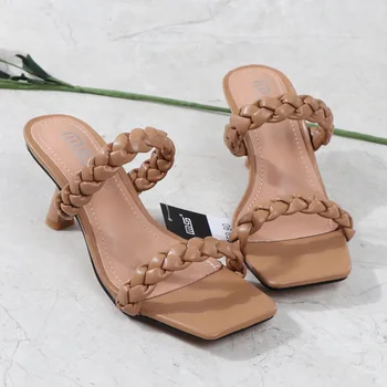 2021 Design de Brand Femei Papuci Elegant Square Toe Tocuri Subtiri de Mare de 7,5 CM Papuci de Vară în aer liber, Plajă, Tobogane Pantofi