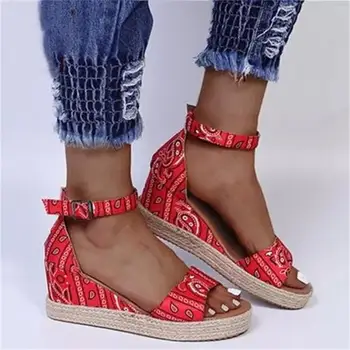 2021 Nou Pantofi pentru Femei Culoare Solidă Pânză Imprimată Open Toe Catarama Pană Călcâi Confortabil și la Modă de Vară Sandale 6KF246