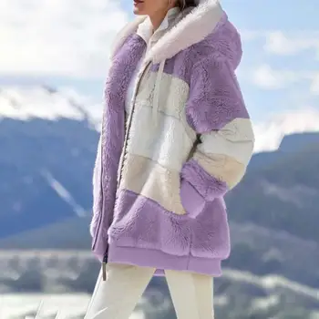 2021 Noua Moda de Primăvară Contrastante Miel Lână Căptușit Haină de Vânt în Jos de Iarna pentru Femei de Moda Casual Cald Cashmere Zip Jachete