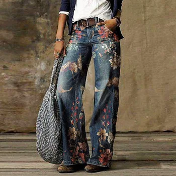 2021 Primavara Retro Blugi Drepte Pantaloni 5XL Femei de Moda Toamna Print Pantaloni Largi Picior Liber Casual Denim Pantaloni Lungi Streetwear