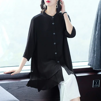 2021 Vara Vrac Solid 4XL Plus Dimensiune Topuri Lungi Tricouri Primăvara Vintage Casual Negru Șifon Bluze Femei Elegante Bodycon Tricouri