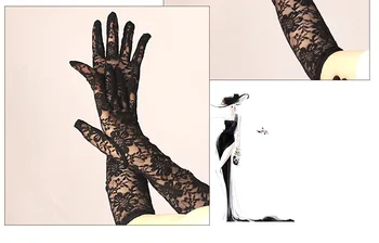 44cm Sexy Dantelă Subțire Gol Negru Transparent Mănuși Lungi Moale Respirabil Flori Net Fire Femeile Omul de Performanță Petrecere Elasticitate
