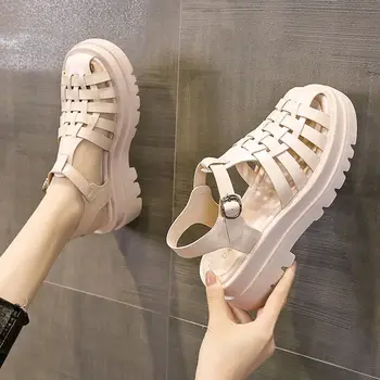 Baotou Sandale Femei 2021 Noi de Vara Platforma Pantofi Platforma Elevii Confortabil și Versatil Gol Țesute Roman Pantofi Țesute