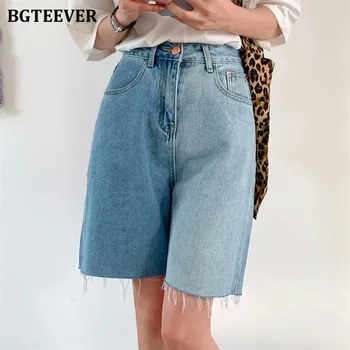 BGTEEVER Casual Streetwear Talie Mare Ciucuri Buzunare Femei Denim pantaloni Scurți de Vară 2021 Lovit Culori Doamnelor Blugi Drepte pantaloni Scurți