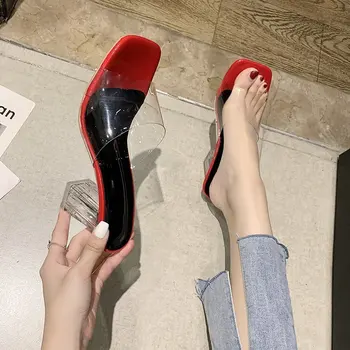 BRKWLYZ 2021 Vara PVC Femei Sandale Crystal Square Toe Tocuri Sexy Catâri Femei Transparent Toc Sandale Papuci de casă Pompe