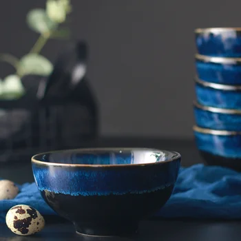 Castron Ceramic Japonia Stil De Uz Casnic Creative Foc Castron De Orez Gradient Albastru Cuptor Castron Mic 4.5 Inch Student Supa Tigelas Cuencos