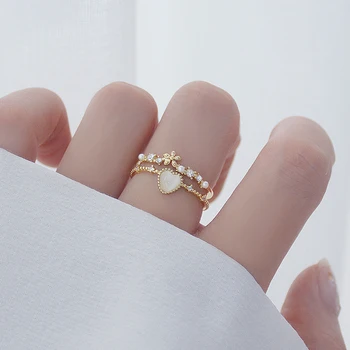 Coreeană de moda fierbinte bijuterii cupru rafinat zircon incrustate in forma de inima opal inel elegant strat dublu femei floare inel de zi cu zi