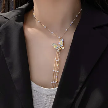 Exknl Boem Simulate Perla Fluture Coliere Pentru Femei De Culoare De Aur Guler Ciucure Lung Cravată Colier Pandantiv Bijuterii 2020
