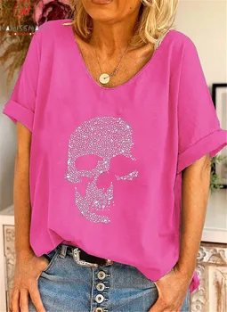 Femei de moda de Vară Cranii de Imprimare T-Shirt Design Mozaic V-Neck Maneca Scurta Casual, Pulovere Largi de Sus pentru Streetwear