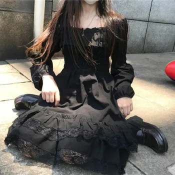 Femeile Japoneze Victorian Gotic Pătrat Guler Volane Din Dantela Neagra Lolita Rochie De Toamna Fete Punk Stil Maneca Lunga, Rochii Mini