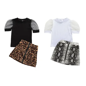 Fete de moda de Îmbrăcăminte Seturi de Vară Puncte Mesh Lace T-shirt Snake Print Leopard cu Fermoar Fuste Costum 2 buc Copil Fete Boutique Haine