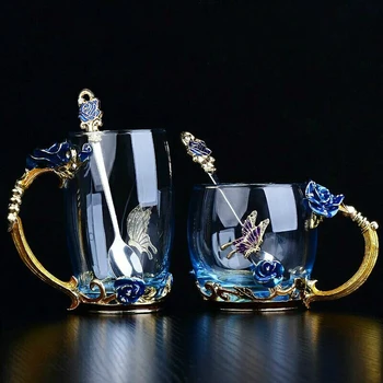 Hand-made Email Cupa de Cristal de Sticlă Cana de Cafea Cutie de Cadou Ceasca de Ceai si Cani de Înaltă calitate de Sticlă ceașcă Cuplu Cana Iubitor de Cadou de Nunta