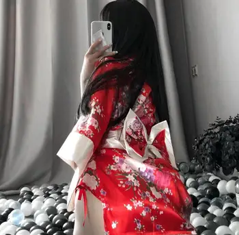 Kimono japonez Sexy Cosplay Costum Pentru Femei Stil Tradițional, Halat Yukata Costume, Pijamale de Mătase Moale Centura 3pcs Set Black Red