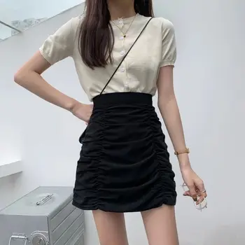 Moda Coreeană Fusta Femei 2021 Vara Sexy Sac De Șold Înaltă Waisted Fusta Mini Alb Negru Rochie A-Line Plisate Fuste Scurte