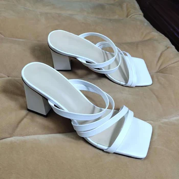 Noua Moda Pantofi de Vara pentru Femei Sandale cu Toc Elegant Doamnelor Sandale Brand Femeie Pătrat Toc 7cm Alb Negru YX3393