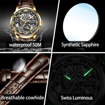 OUPINKE Brand de Lux Bărbați Automat Ceas Mecanic Schelet de Moda Clasic Safir Ceasuri din Piele Luminos Rezistent la Apă