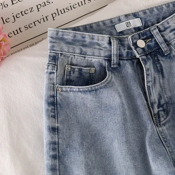 Pantaloni scurți Femei Denim albastru deschis Vara Button-fly High-talie Găurile Rupte Genunchi-lungime-coreeană stil Retro Liber de Agrement Uri de zi cu Zi