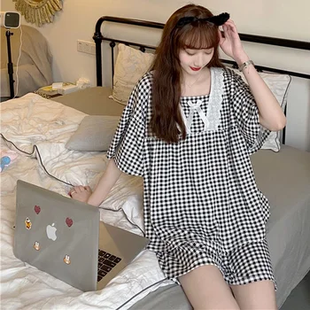 Pijama Seturi Pentru Femei Carouri V-Neck De Agrement Minunat Doamnelor Homewear Harajuku Moale Ulzzang Coreea Style Moda Vrac Ins Preppy Chic