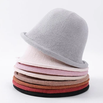 Primăvara și vara femei sălbatice rola de-a lungul bumbac linie pescar pălăria în aer liber cald pălărie tricot capac solid de culoare elegant lână capac