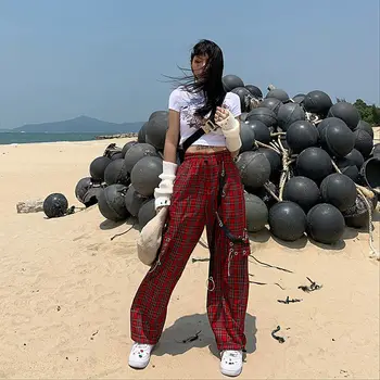 Punk Lanț Pantaloni Femei Harajuku Goth Carouri Carouri Pantaloni Sex Feminin Streetwear Estetice Hip Hop Egirl Grunge Emo