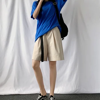 Seoulish de Vară 2021 Noi Femei Casual Cargo Pantaloni Jumătate cu Centură Talie Mare Chic Largi Picior Pantaloni Elegante, Pantaloni Largi de Buzunar