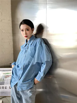 Spring Fashion Denim Bluza Plasă De Mozaic Albastru Jean Topuri Femeile 2021 Nou Design De Tricou