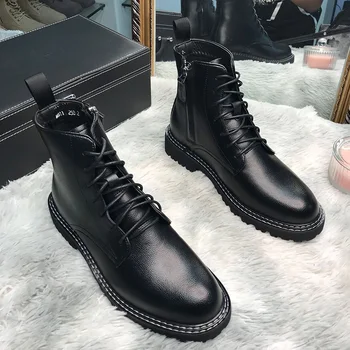 Stil britanic de moda pentru bărbați cald bumbac iarna cizme negre din piele moale pantofi platforma în aer liber snow boot glezna botas de homens
