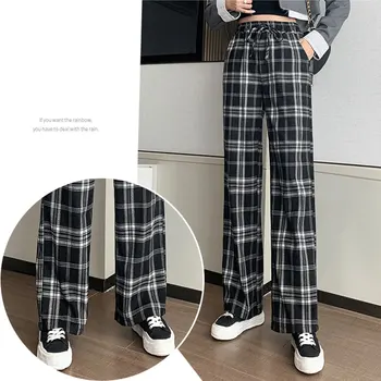 Talie mare retro carouri pantaloni de vara pentru femeie nou stil coreean cordon pierde piciorul drept casual drapat carouri pantaloni largi
