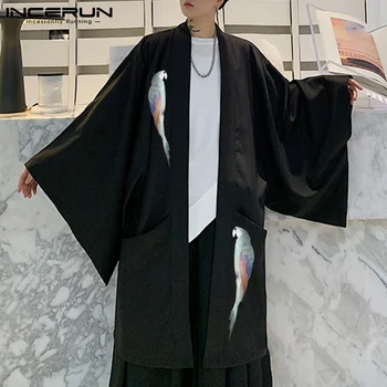 Tipărite Barbati Tricou Maneca Lunga Streetwear Epocă Kimono Open Stitch Cardigan Vrac Buzunare 2021 Casual Barbati Mantie INCERUN S-5XL