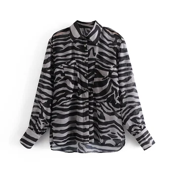 TRAF Femei Supradimensionat Animal Print Zebra Bluza Șifon Transparent Vedea Prin simpla Moda de Top Sexy Cămașă de Streetwear