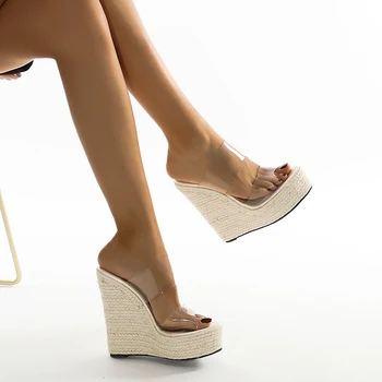Transparent Femei Papuci Plus Dimensiune 35-42 Peep Toe Platforma Slide-Uri De Femei Sandale Pană Tocuri Inalte Casual Clar Pantofi Pentru Femei