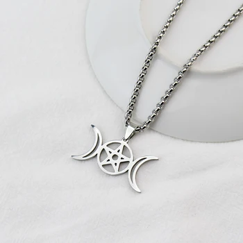 Tripla Zeita Lunii Pandantiv Pentru Femei Barbati Pentagrama Wicca Magice Supranaturale Amuleta Coliere Bijuterii Din Oțel Inoxidabil