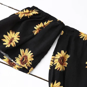 Vara Casual două bucata set top si pantaloni 2019 femei de Pe Umăr Floarea-soarelui Tipărite Beachwear Sifon Sexy Culturilor Topuri holografic
