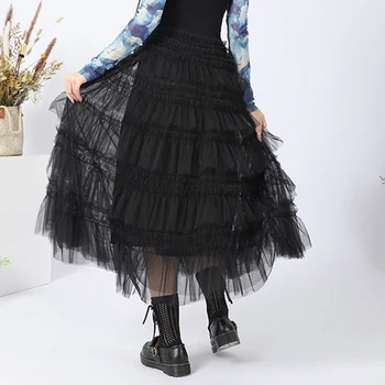 VGH Elegant Negru Mozaic Zburli Plasă de Fuste Pentru Femei Talie Mare Slim O Linie Midi Rochie de Bal Feminin 2021 Vara Moda coreeană