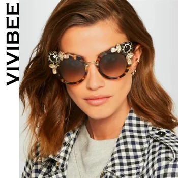 VIVIBEE Brand de Lux Cristal Rotund ochelari de Soare cu Strasuri Femei Supradimensionat Cateye Doamnelor Ochelari de Soare de sex Feminin Umbra