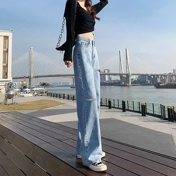 Vrac Solid Rupt Blugi Femei Vintage Moda High Street Casual Pantaloni Din Denim Direct Talie Mare Streetwear Feminin Pantaloni