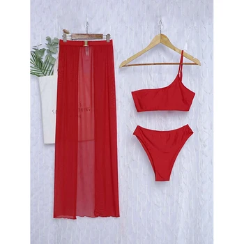 Într-X Bandeau costume de baie femei Solide 3 piese set pe Un umăr costume de baie femei Fusta centura bikini 2021 Sport costum de baie biquini