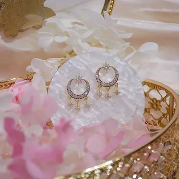 14k Real Placat cu Aur Moda Bijuterii Cristal de Luna de Stele de Lux Rafinat Cercei pentru Femei Petrecere de Vacanță Elegant Cercel