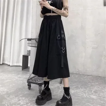 2021 New High Waist Loose A-line Cargo Skiets Chain Side Ring Pocket Midi Long Black Skirt Hip Hop Streetwear Harajuku Over Size