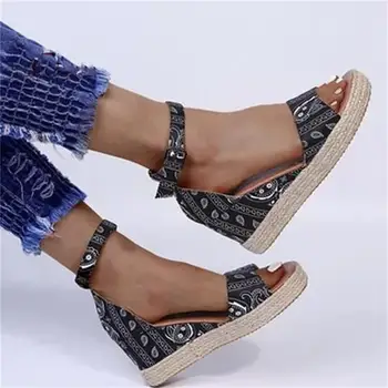 2021 Nou Pantofi pentru Femei Culoare Solidă Pânză Imprimată Open Toe Catarama Pană Călcâi Confortabil și la Modă de Vară Sandale 6KF246
