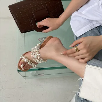 2021 Nou PVC Transparent Curea Perla Decor Papuci de Vara sandale de Cristal Clar Tocuri inalte Femei Pantofi Sandale