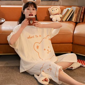 2021 vara nou stil pijama femei coreene cu mânecă scurtă, pantaloni trunchiate de desene animate drăguț serviciu acasă costum