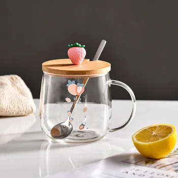 3D Capac Desene animate Capsuni Drăguț Pahar de Apa Transparent Cana Borosilicată Pahare Sticla de Lapte cu Cafea, Suc Drinkware Cana Cadou