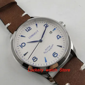 42mm corgeut bărbați ceas cadran alb albastru mâinile și marker de sticlă de safir ceas Automatic-CA40