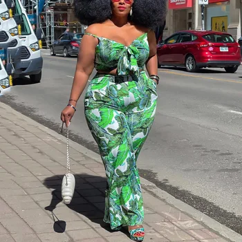 4XL Plus Dimensiune 2 Bucati Seturi Africane Femei Verde Imprimate Topuri de Cultură Pantaloni cu Talie Înaltă Bodycon Moda rochii Elegante Set de Potrivire