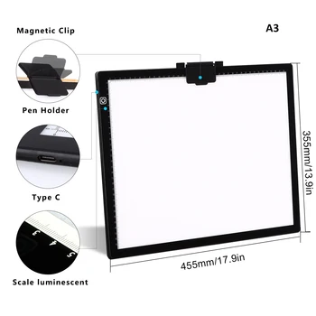 A3(45.3x35.3 cm) LED-uri de Lumină pad pentru Diamond Pictura Lumina Trasor Clip Magnetic Suport Stilou cu 6 niveluri de Luminozitate Estompat Lumina Pad