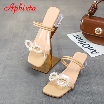Aphixta 2021 Vara 4cmTransparent Pătrat Tocuri Femei Sandale Diapozitive Pearl Fluture nod sandale Flip Flops Mujer Mare Dimensiune 45